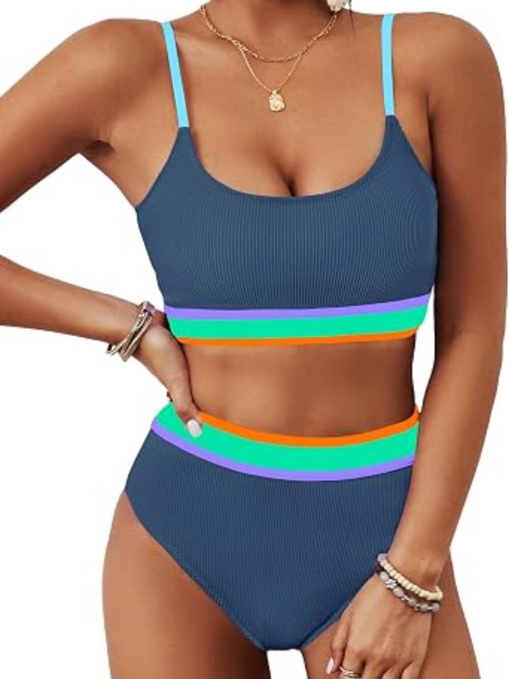 Women's High Waisted Bikini Ribbed Two Piece Swimsuit High Cut Color Block L
